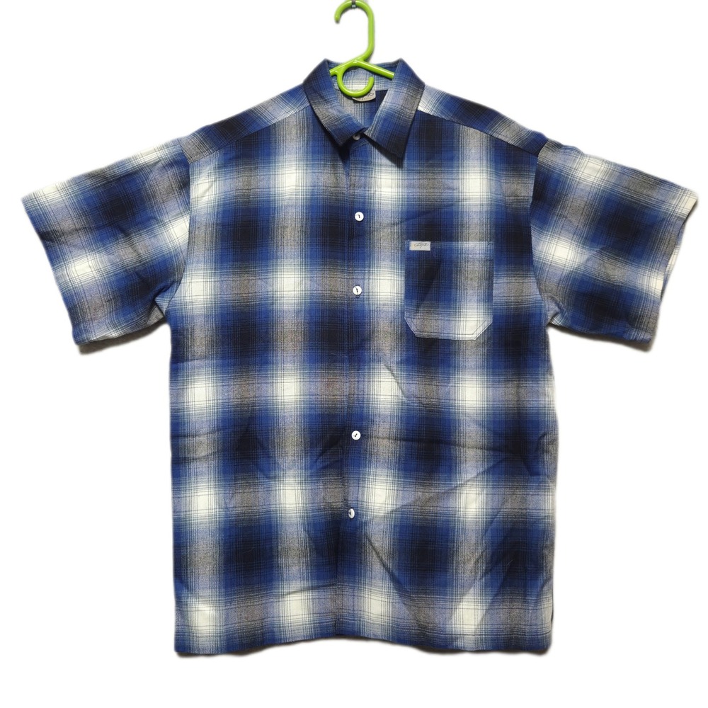 Vintage CalTop Blue Plaid Short Sleeve Button Down Shirt Mens Large Made in USA